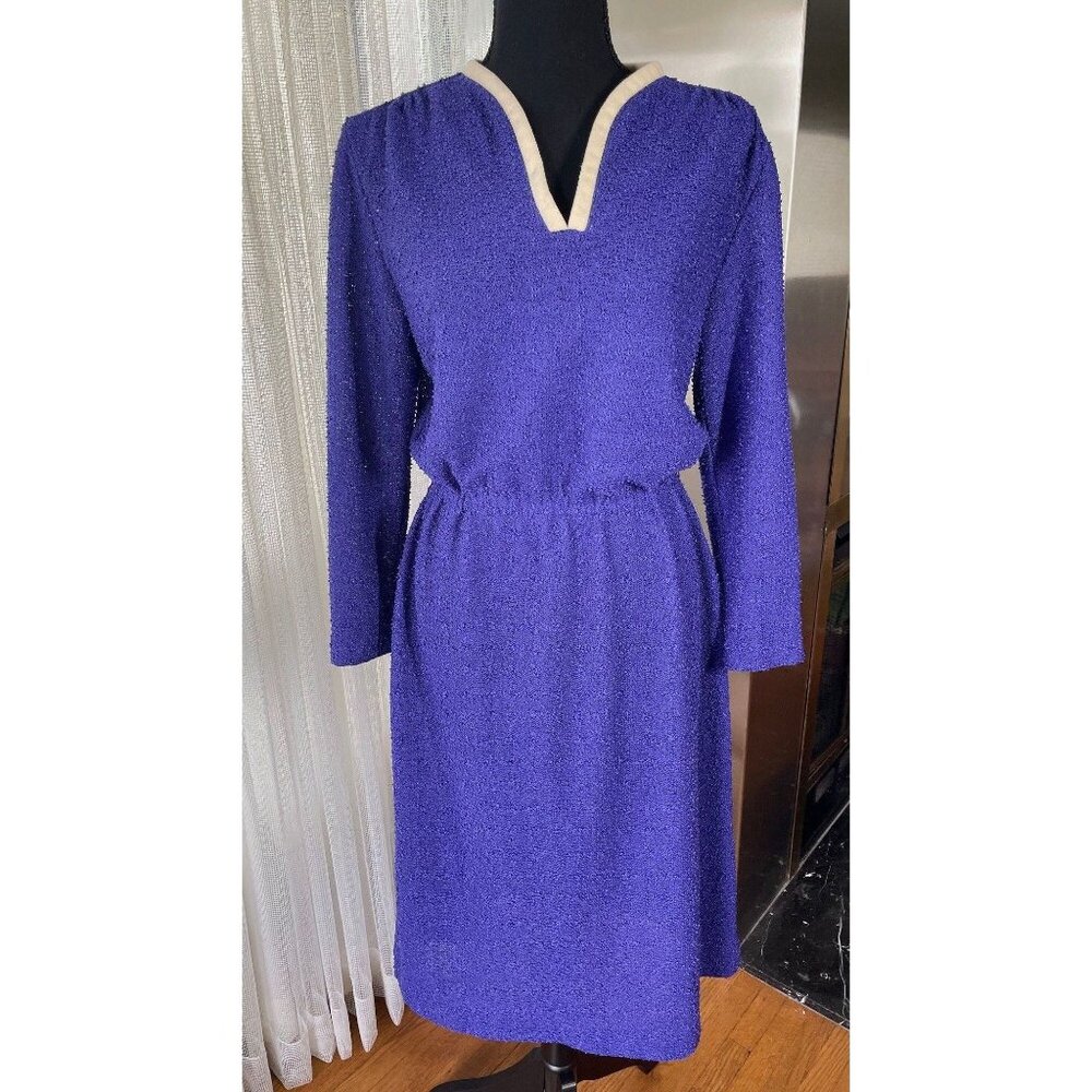 Vintage late 60s dress, purple, white trim, long sleeves, A-Line, elastic waist